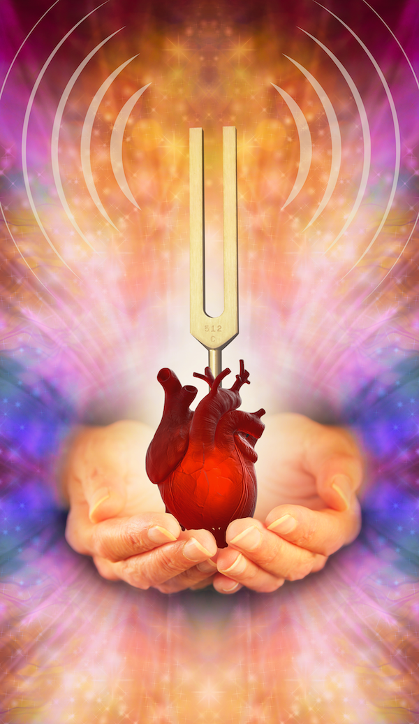 digital collage image of hands emerging from a spiritual abstract background, holding a human heart with a tuning fork sprouting out of its top. the tuning fork is resonating.